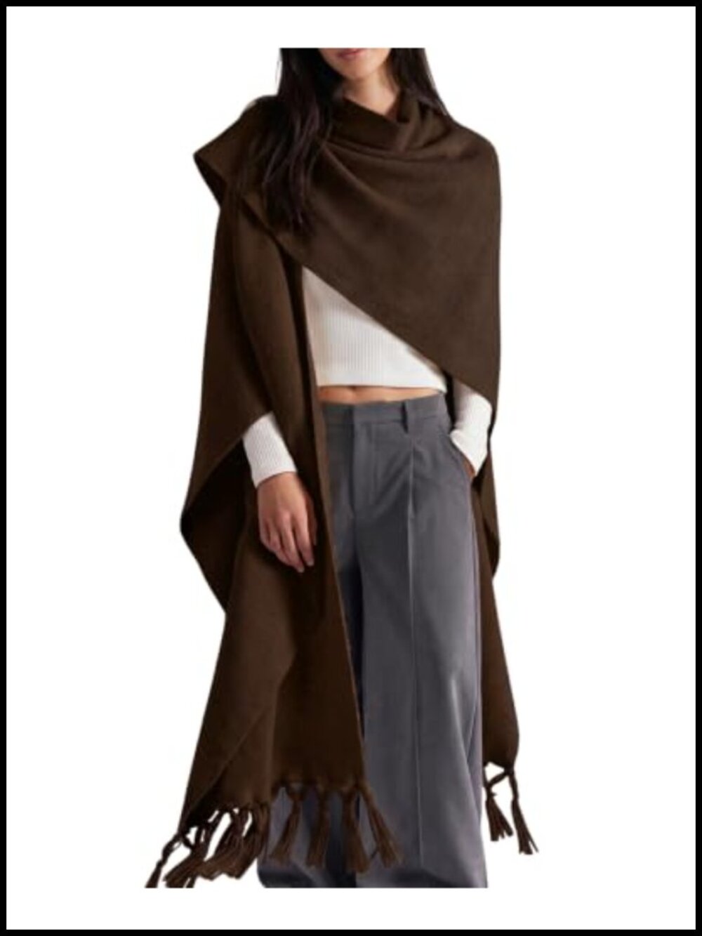Open Front Poncho Cape Shawl Wrap for Women with Tassels, Wool Blend One Size